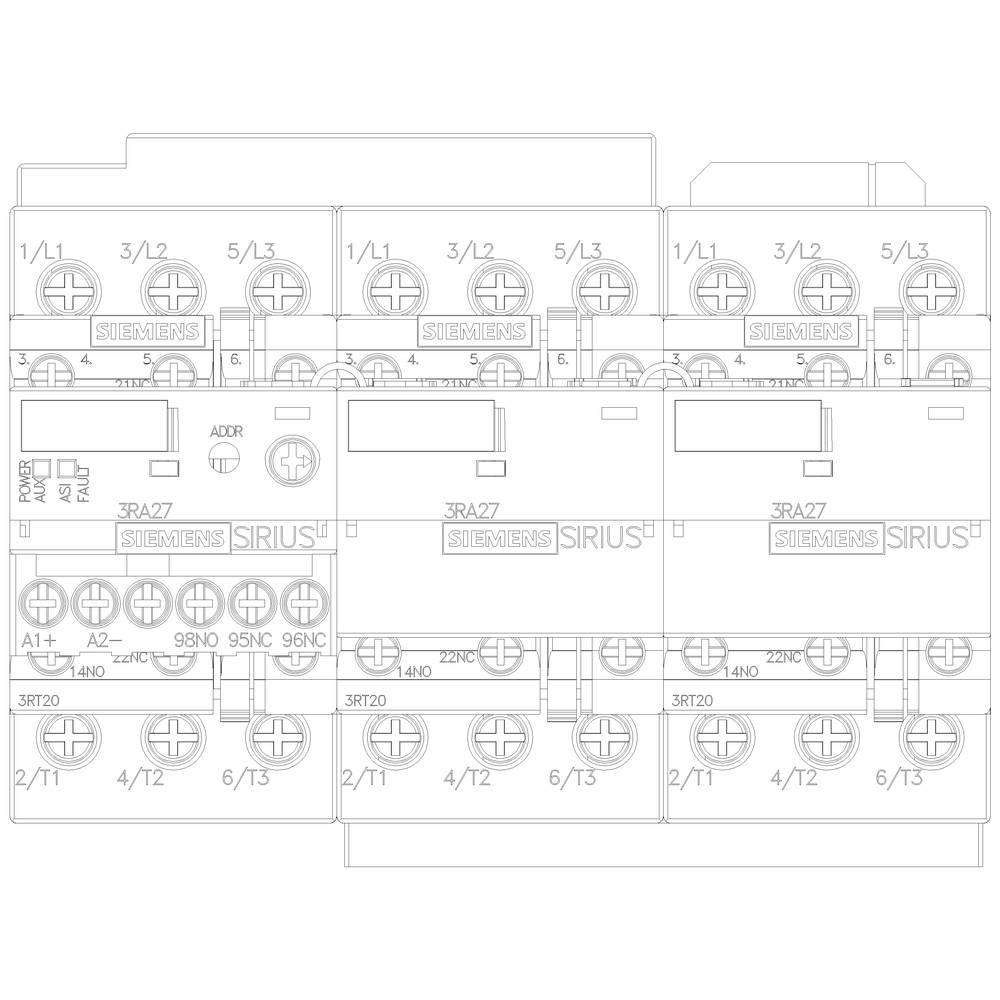'Triple relay module by Siemens SIRIUS in schematic representation with connection terminals and labels.'