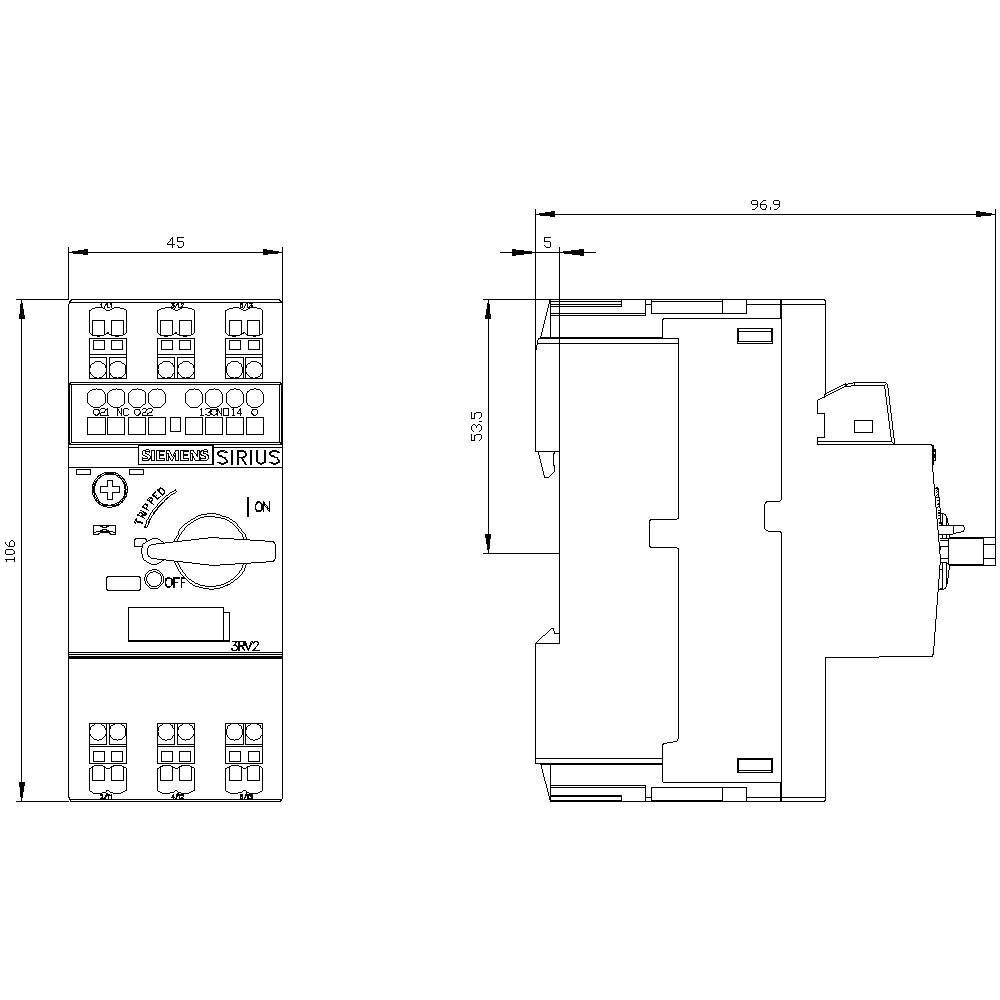 Technical drawing of an electrical switching device with dimensions: height 106 mm, width 45 mm, depth 96.9 mm. Left: front view, right: side view.