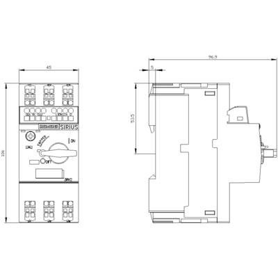 Technical drawing of an electrical switching device with dimensions: height 106 mm, width 45 mm, depth 96.9 mm. Left: front view, right: side view.