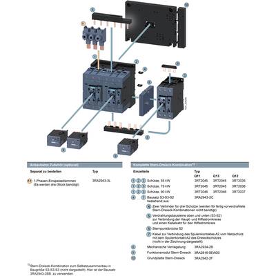 'Star-Delta Combination' diagram shows components of a switchgear: contactors, line terminals, control circuit, numbering for ordering options.