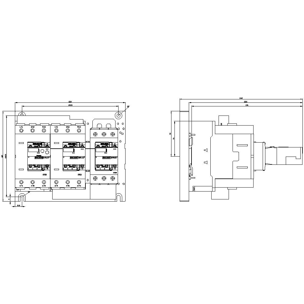 Technical drawing of an electrical control box from front and side views, showing dimensions and component placement.