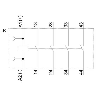 'Circuit diagram of an electrical relay with coil terminals A1(+) and A2(-) and four switching contacts 13-14, 23-24, 33-34, 43-44.'