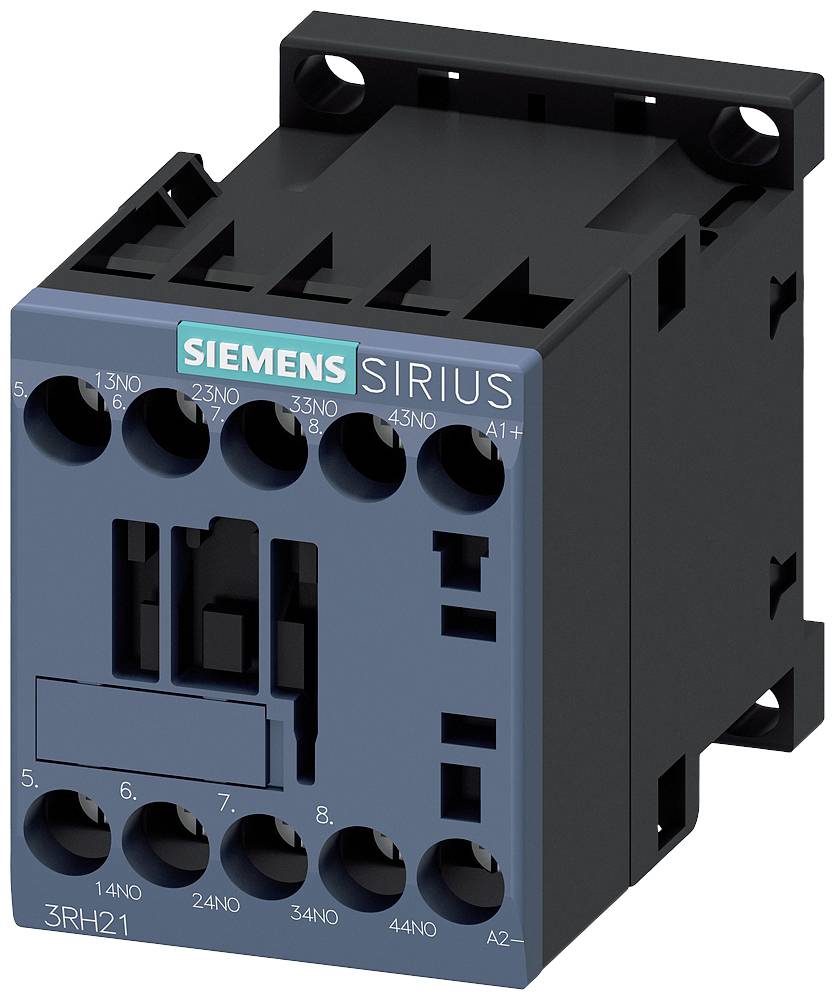 'Siemens Sirius 3RH21' relay, black and blue front view, showing connections and brand name.