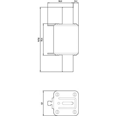 Technical drawing of a rectangular component with dimensions: 58.3 mm x 72.6 mm x 12.2 mm. Bottom view shows mounting holes.