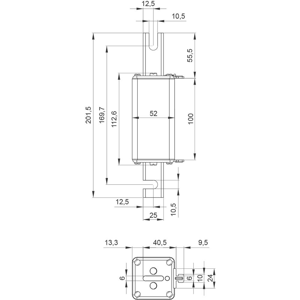 Technical drawing of a rectangular component with dimensions. Top: Length 201.5 mm, Width 12.5 mm. Bottom: Top view, 40.5 mm wide.
