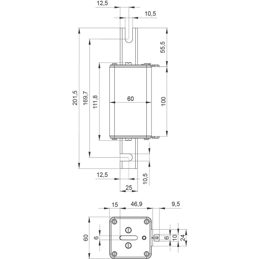 Technical drawing of a mechanical component with detailed dimensional specifications in millimetres. Rectangular housing, cable connection at the bottom.