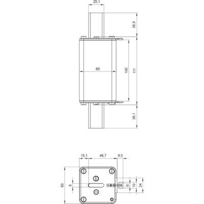 Technical drawing of a rectangular component with dimensions in millimetres: 60x100, positions and holes are indicated.