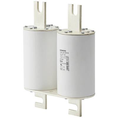 A cylindrical electrical capacitor branded by Siemens. Consists of two connected units with terminals at the top and bottom.