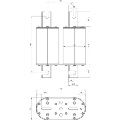 Technical drawing of a rectangular component with two cylinders on top, with metric dimensions indicated. Shows dimensions and drill holes.