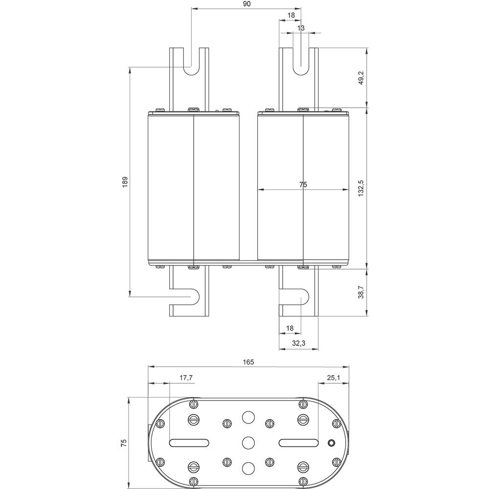 Technical drawing of a mechanical component with dimensions in millimetres. Twin cylinders with U-brackets and mounting holes.