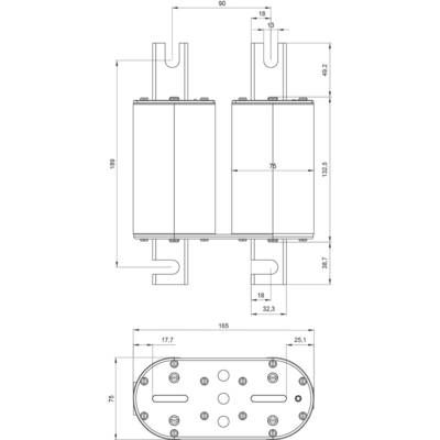 Technical drawing of a double, vertically mounted component with dimensions in millimetres. Shows front and side views.