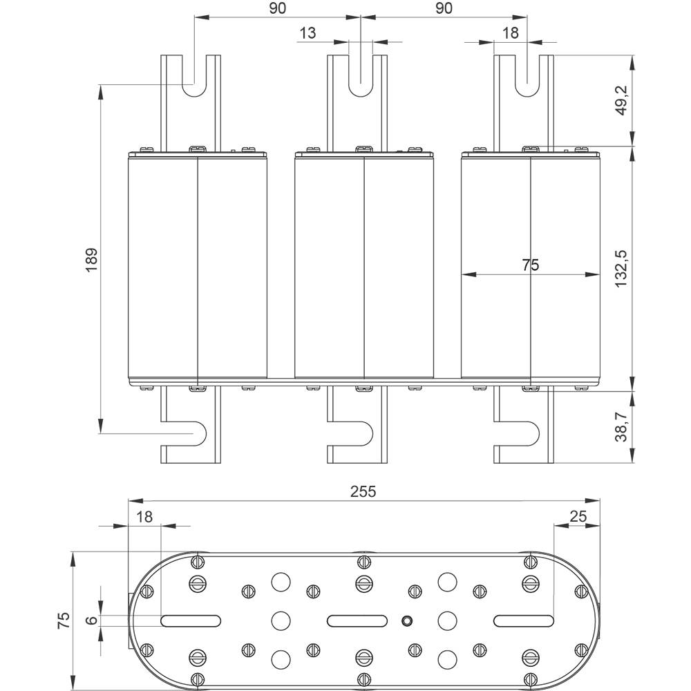 Technical drawing of a three-phase electrical component with dimensions. Shows front and top views with detailed dimensional annotations.