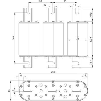 Technical drawing of a three-phase electrical component with dimensions. Shows front and top views with detailed dimensional annotations.