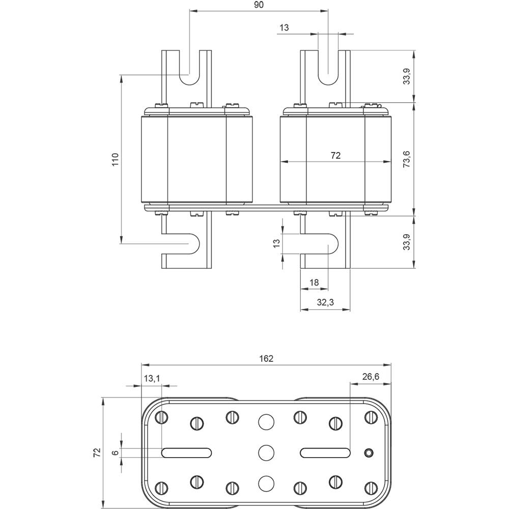 Technical drawing of a component with dimensions in millimetres. Top view shows two cylindrical elements, bottom view shows the underside.
