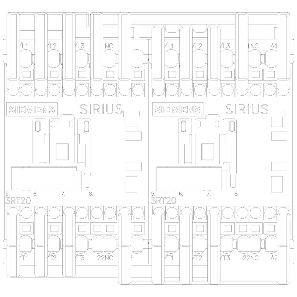 The drawing depicts a technical illustration of two Siemens SIRIUS contactor modules with multiple connections at the top and bottom, labelled with '3RT20'.