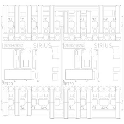 The drawing depicts a technical illustration of two Siemens SIRIUS contactor modules with multiple connections at the top and bottom, labelled with '3RT20'.