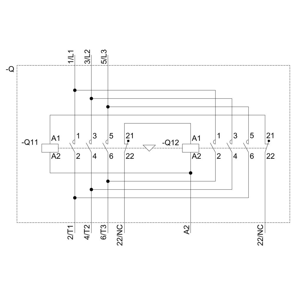 A circuit diagram shows connections between components, numbered 1 to 6, with switches marked as '1L1', '3L2', '5L3', '2T1', '4T2', '6T3', 'A1', 'A2', '21', '22', '11', '12'.