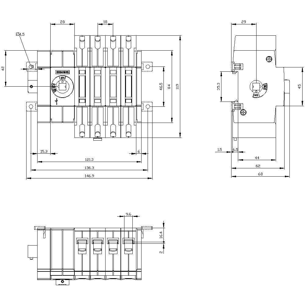 Technical drawing of a circuit breaker with detailed dimensions in three views: front, side, and top view.