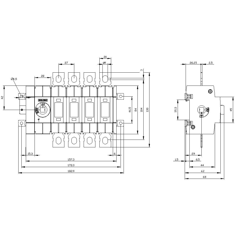 Technical drawing of an electrical switch with detailed dimensions in millimetres. Shows front and side view with connections.
