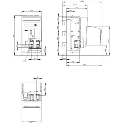 Technical drawing of an electronic device with dimensions in millimetres. Front, top, and side views show the housing and connections.