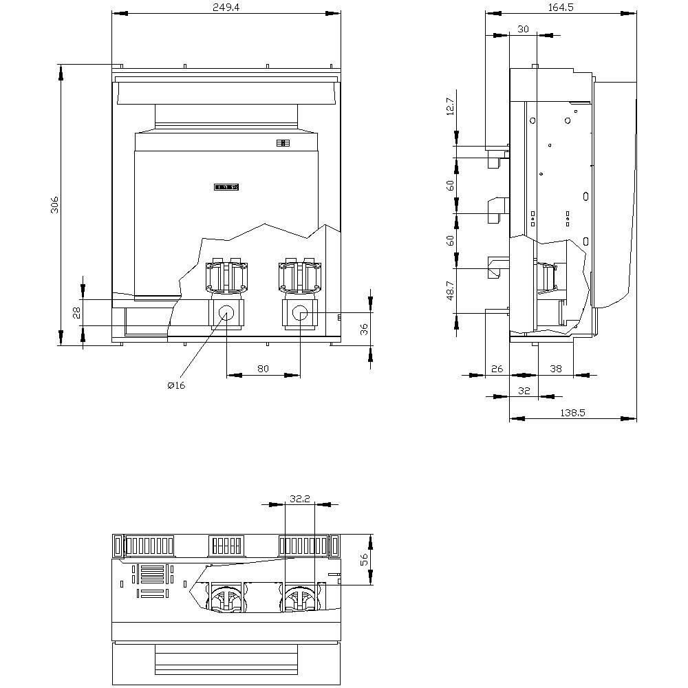 Technical drawing of a device with three views, showing dimensions and connections from front, side and rear perspectives.