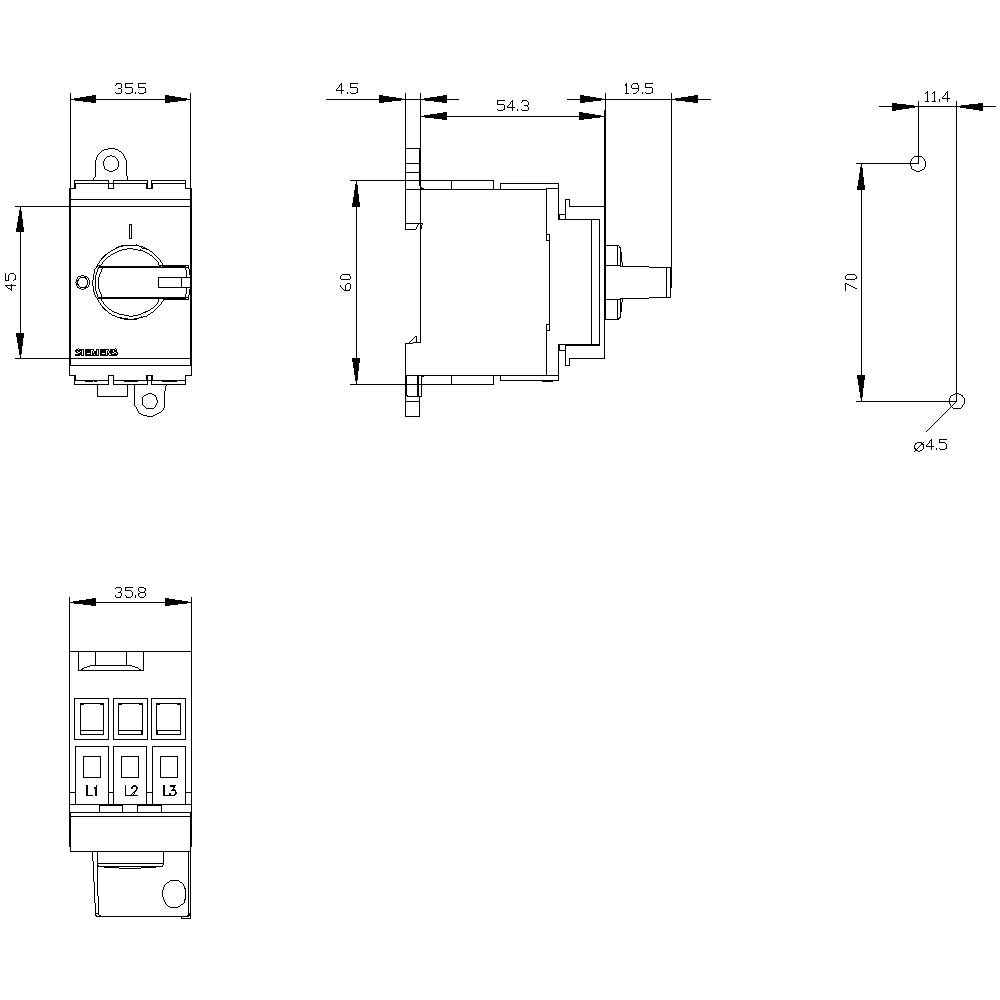 Technical drawing of an electrical switch with dimensions, showing top view and side view with precise measurements.