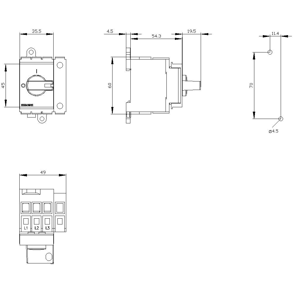 Technical drawing of an electrical switch with dimensions. Front view shows square shape; side view shows depth; shows connection positions L1, L2, L3, N.