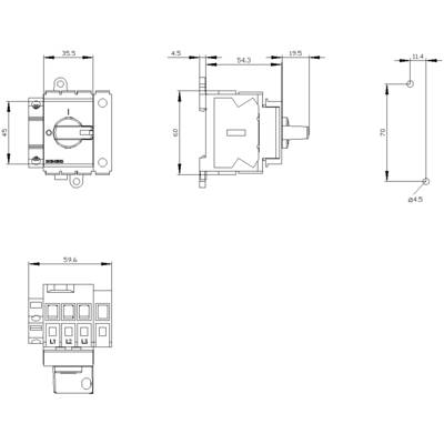 Technical drawing of an electrical switch with dimensions in millimetres. Shows front, side, and rear views. Main components labelled.