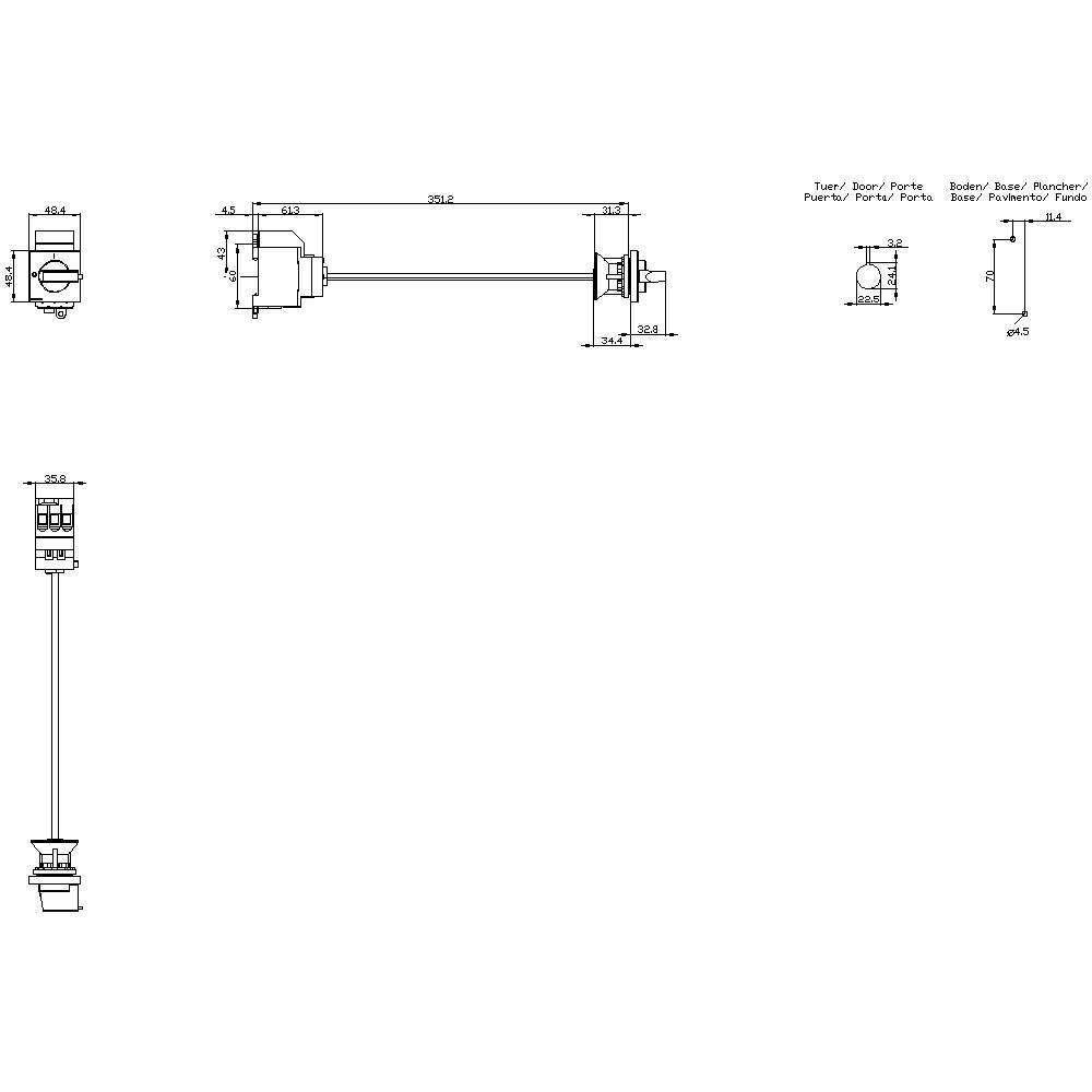 Technical drawing of a door or drawer handle with dimensions. Shows front, side, and top view of the design.