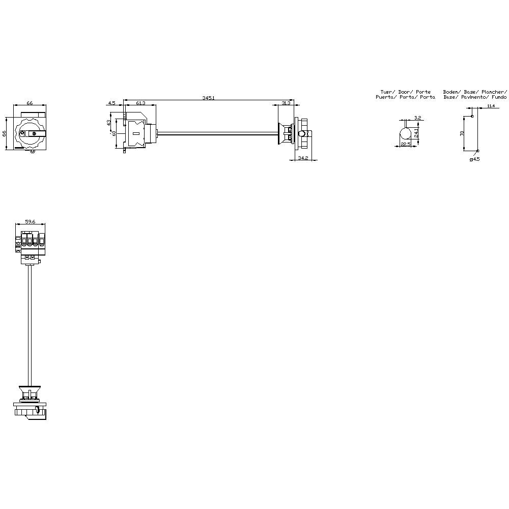 Technical drawing of a door closing mechanism with precise dimensions. Shows front and side views of the mechanism with dimensional specifications.