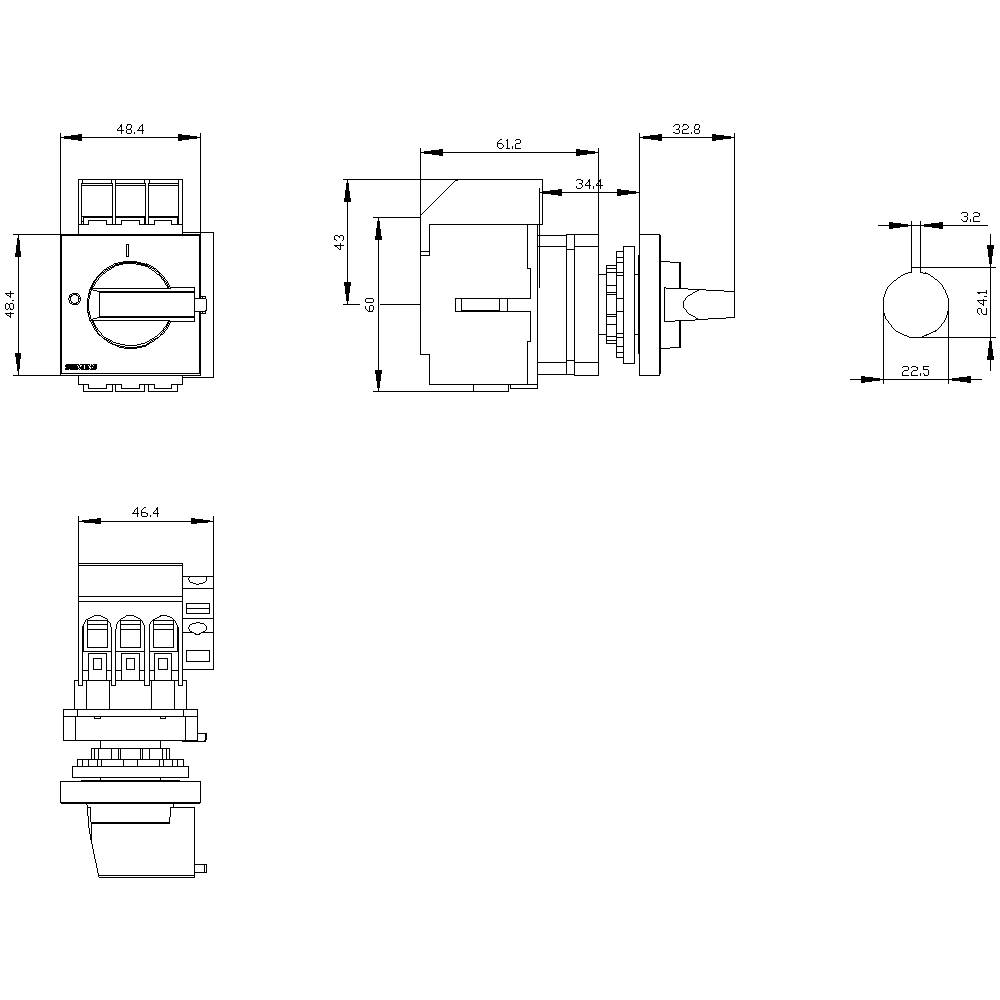 Technical drawing of an electrical switch with dimensions: Height 48.4 mm, Width 46.4 mm, Depth 61.2 mm. Shows side and front view.