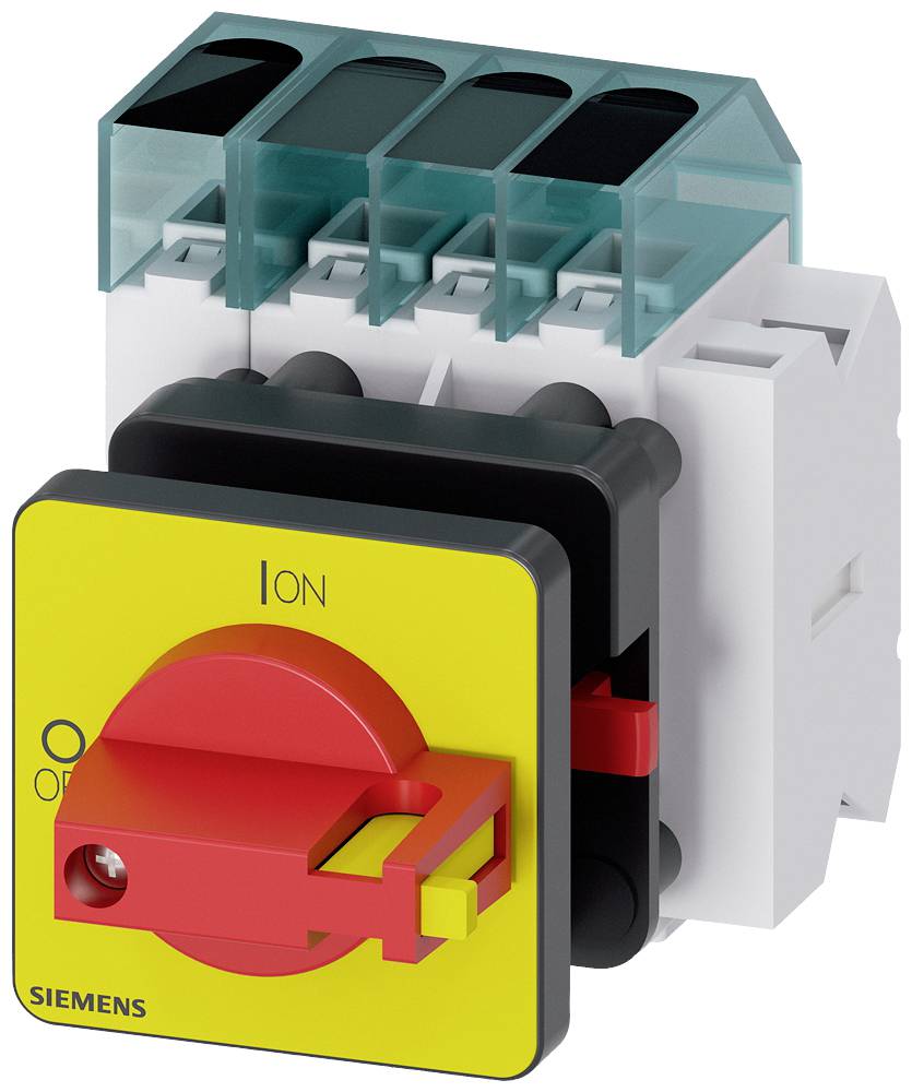 An electrical main switch with a red lever and yellow front plate, showing the 'ON' position. A transparent housing above it.