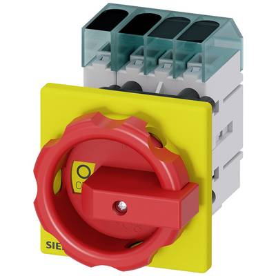 A red main switch with a yellow housing, typically used for industrial applications. The switch is set to 'Off'.