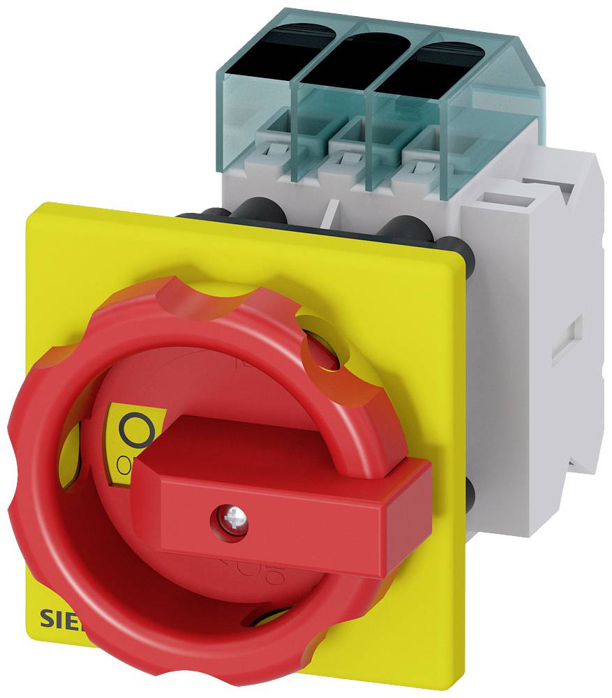 Speed cut-off switch in red and yellow, with greenish cable connections, for controlling electrical machinery.