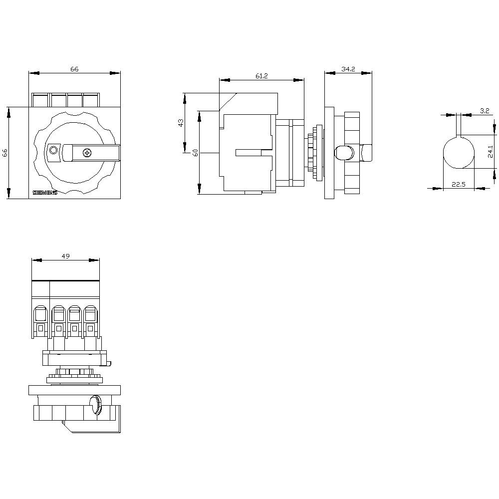 Technical drawing of a switch with detailed dimensions in millimetres. Shows front, side, and top view of the device.