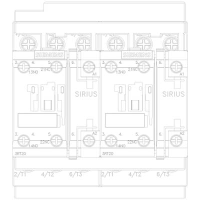 Technical drawing of a Siemens Sirius contactor. Shows the connections and switching positions of three identical modules.