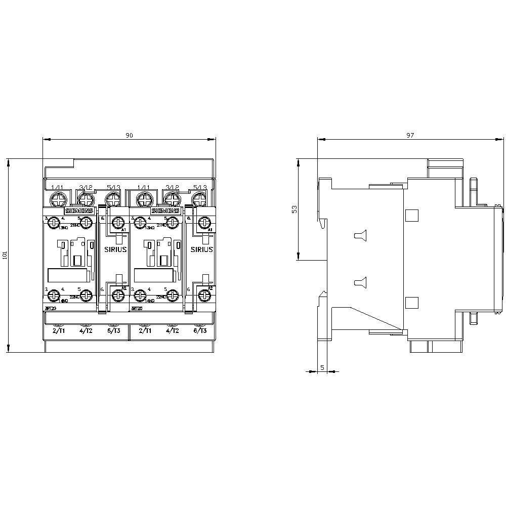 Electrical circuit diagram of a SIRIUS contactor with side and front views. Detailed dimensions and components are shown.