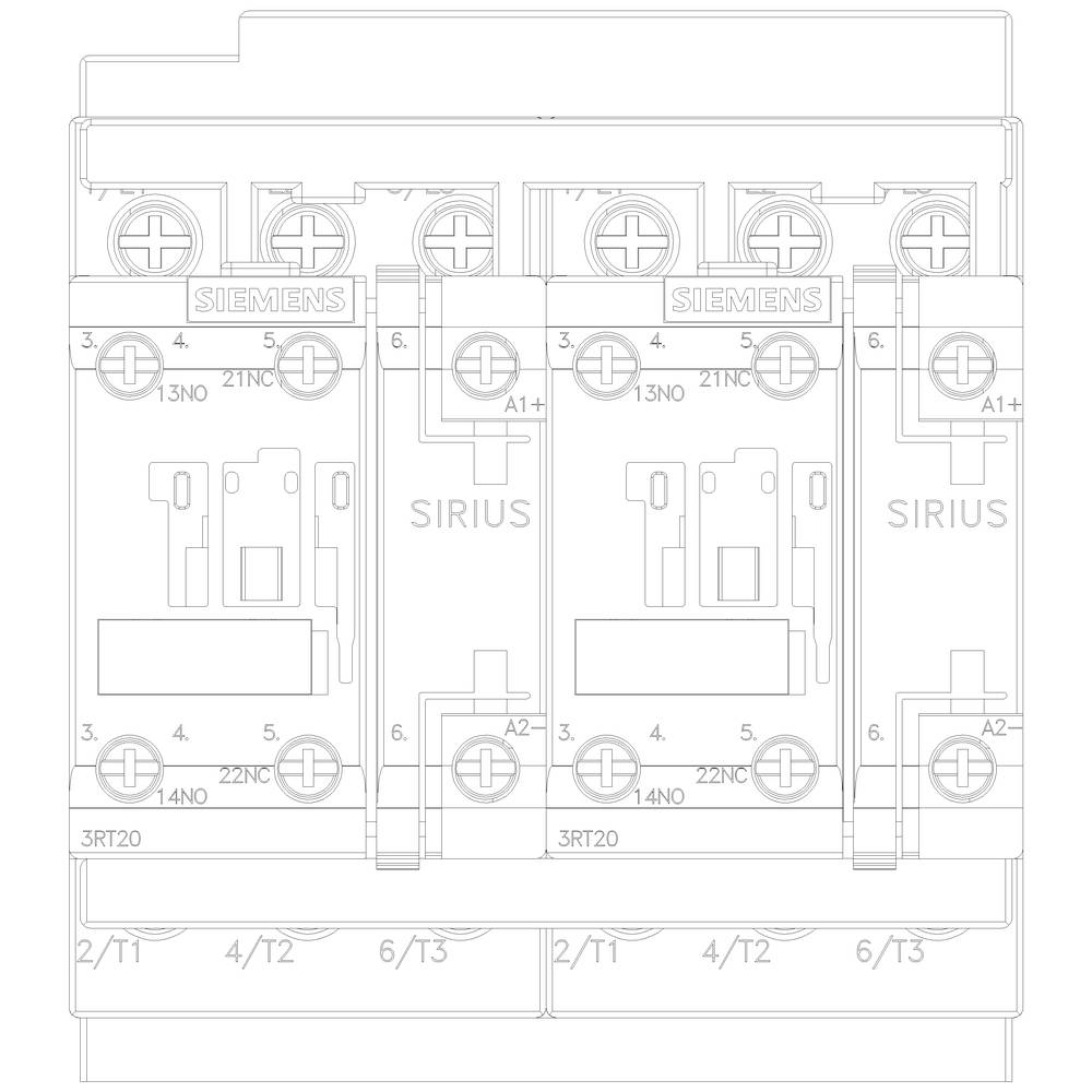 Technical drawing of a three-block assembly of Siemens SIRIUS contactors, showing electrical contacts and connections in a circuit.