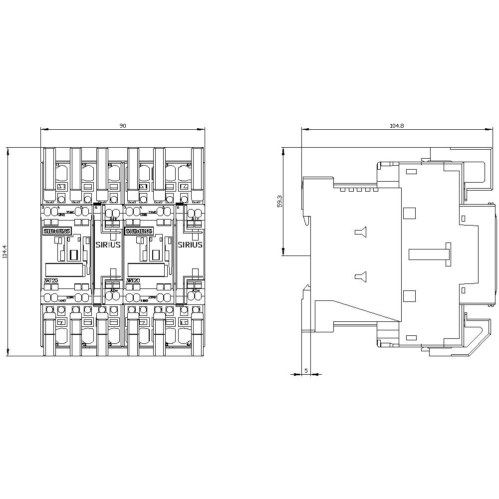 Technical drawing of an electrical switchgear, Model Sirius. Front and side view with detailed dimensions in millimetres.