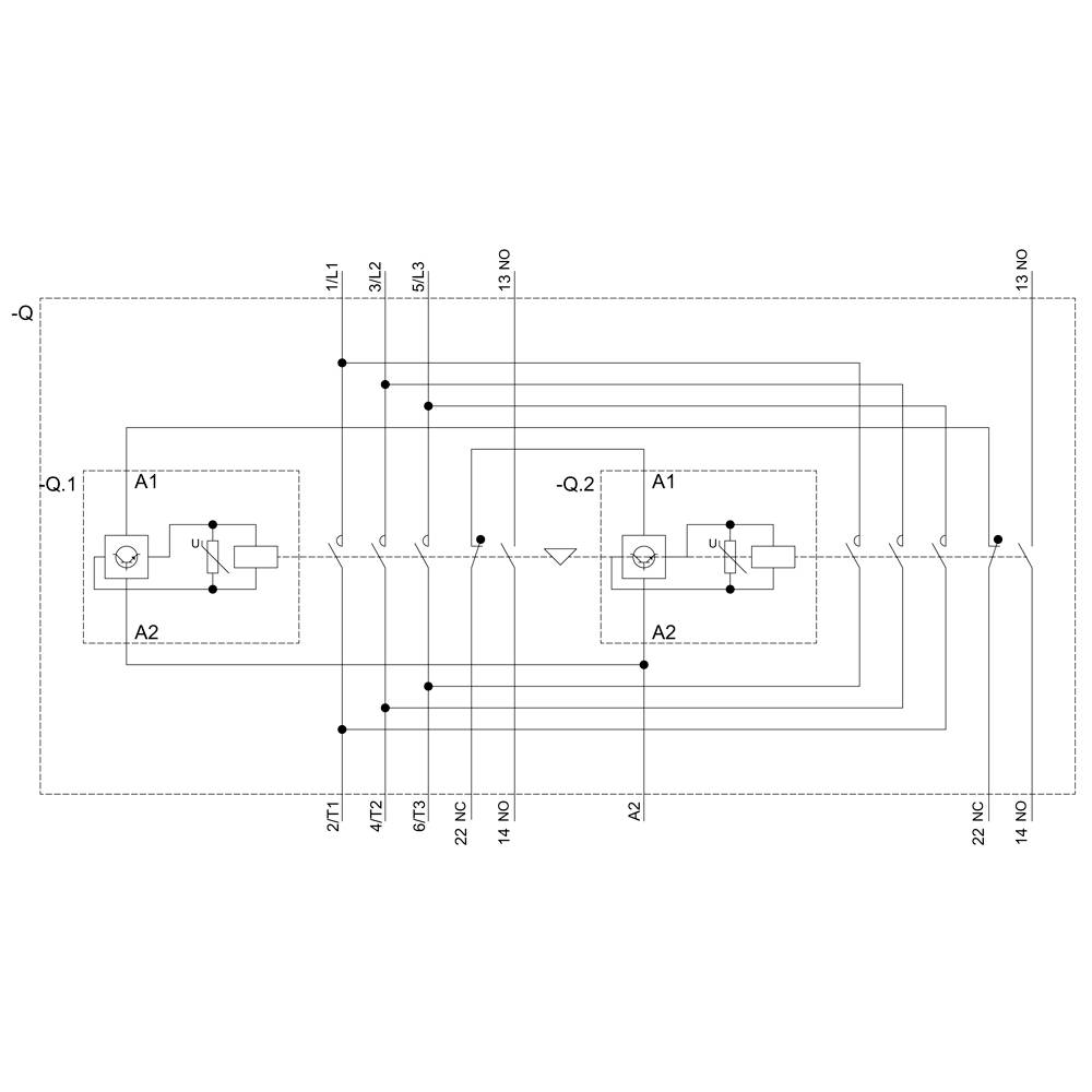 Circuit diagram of a dual pulse relay: shows two relays A1 and A2, with inputs at terminals L1, 21, 22 and outputs at 13, 14.
