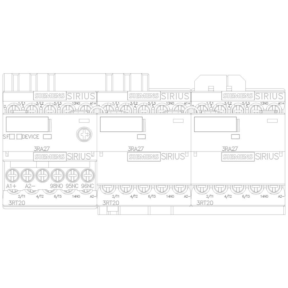 A circuit diagram shows a Siemens SIRIUS control unit with several components and connections, including a 3RA27 module.