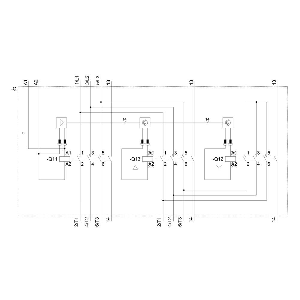 The circuit diagram shows the wiring and connections between components Q11, Q12, and Q13 in an electrical system.