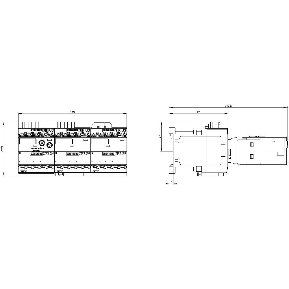Technical drawing of a device with dimensions. Shows front and side view with detailed measurements.