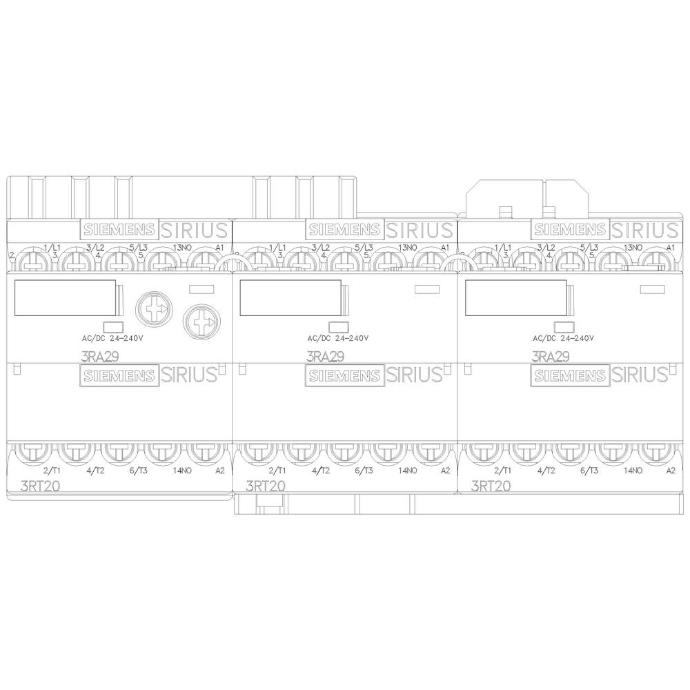 'Technical drawing of Siemens SIRIUS switching devices, showing arrangements and connections of modules 3RT20 and 3RA29.'