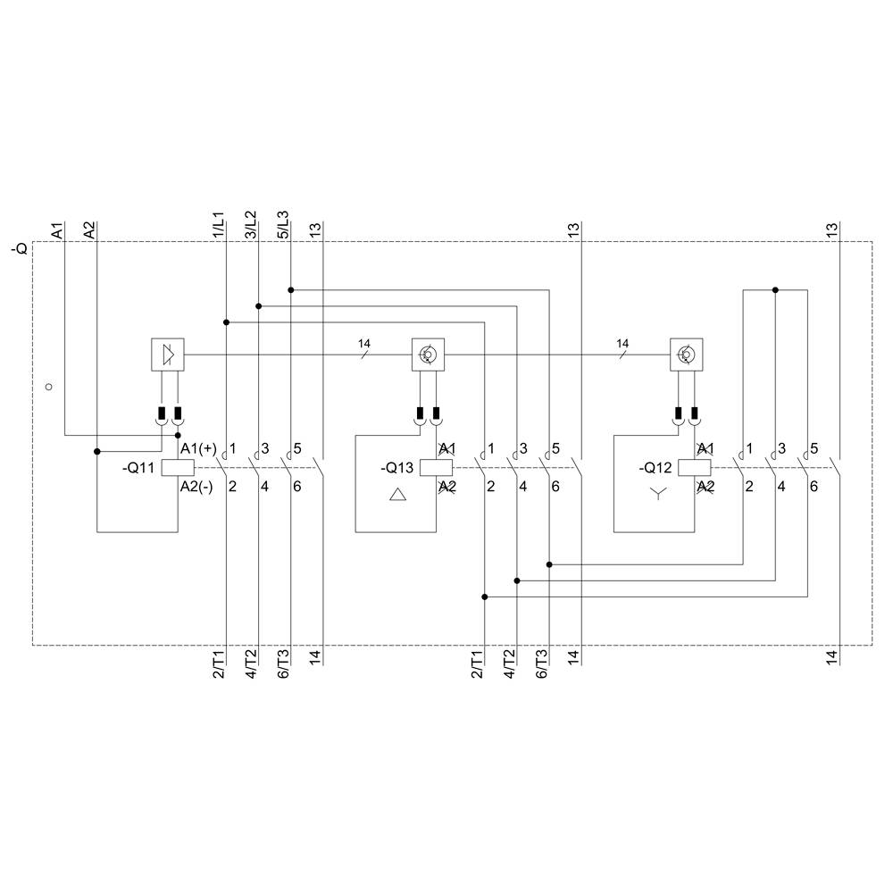 'Electrical circuit diagram with three circuits; shows relays, switches and connections. Signal flow visible from left to right.'