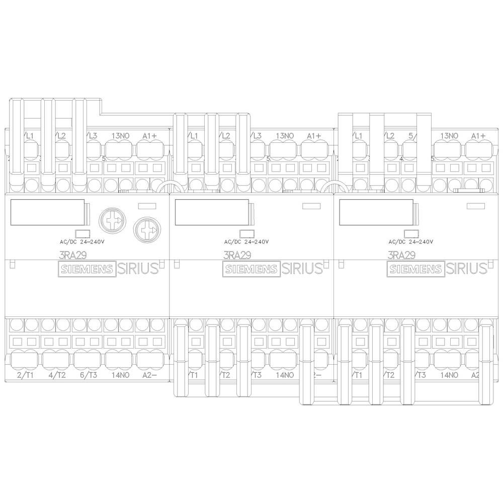 Technical drawing of Siemens SIRIUS switching devices. Shows 3RA29 modules in a row with connection terminals and labels.