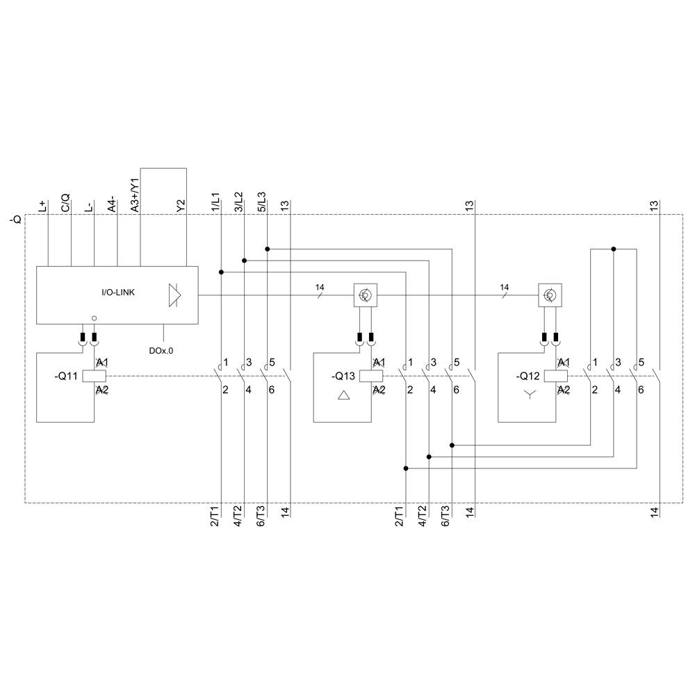 'Circuit diagram of an IO-Link interface for control. Shows connections between Q11, Q12, Q13 with terminals and wiring.'
