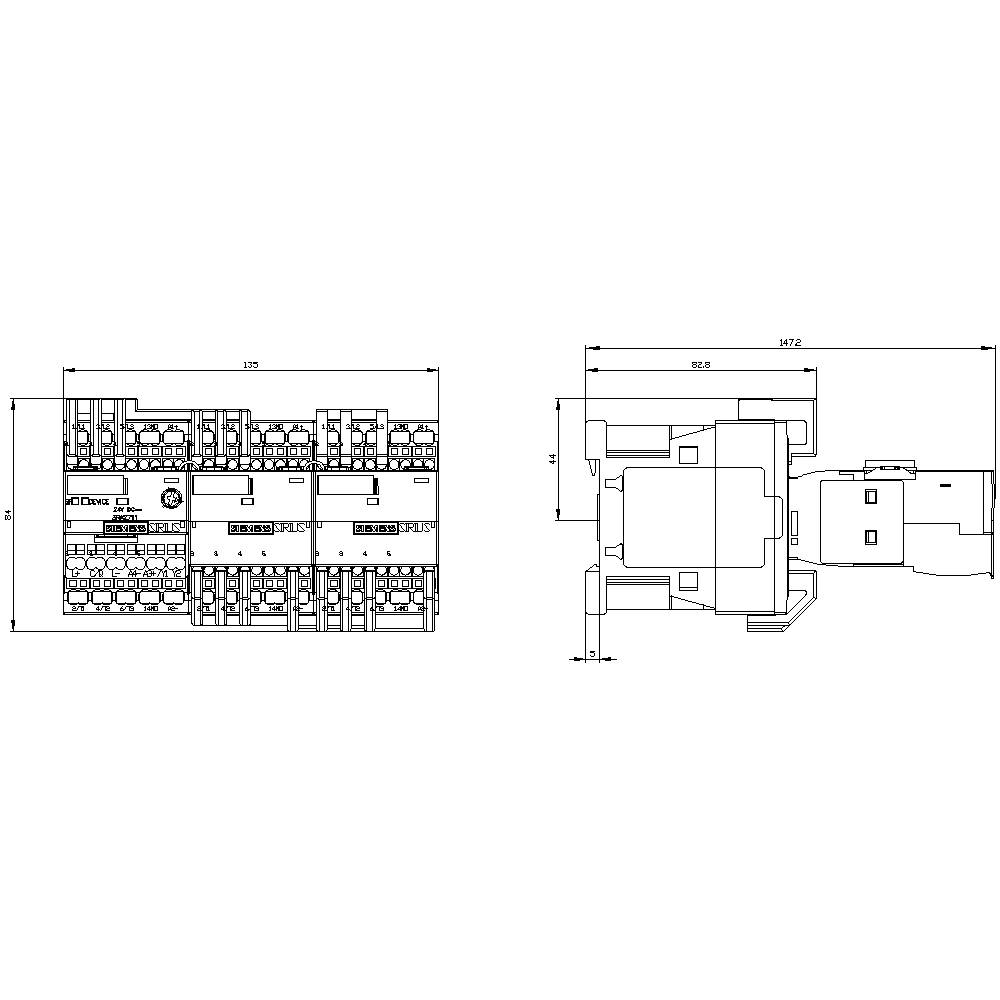 Technical drawing of an electrical component with detailed dimensions. Diagram shows front and side views. Measurements are given in millimetres.