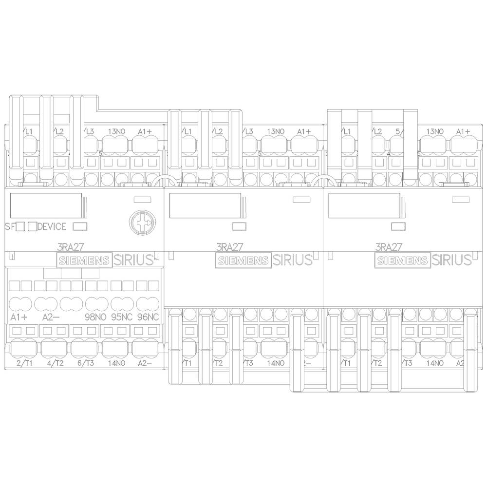 Technical drawing of a Siemens Sirius contactor. Connections and labels of electrical components are visible.