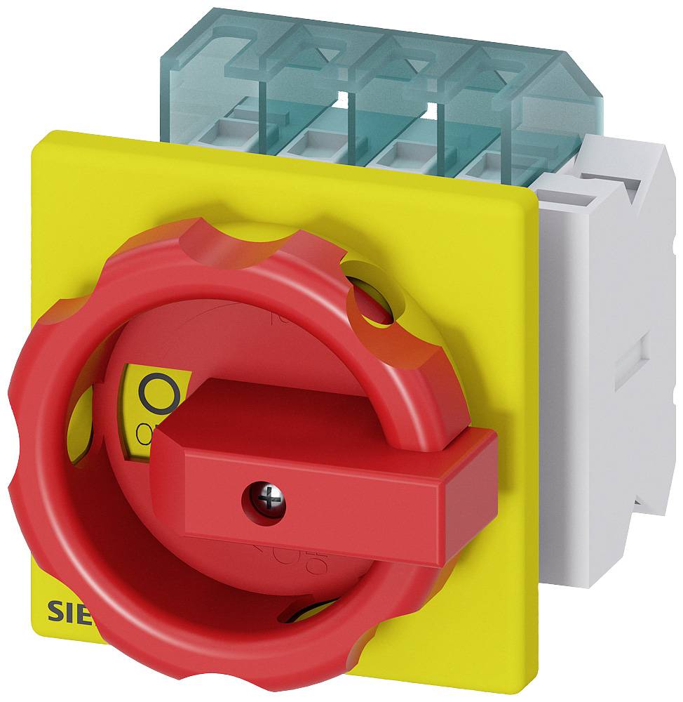 A red load isolation switch on a yellow plate with a blue protective cover, manufactured by Siemens. Used for safely disconnecting electrical circuits.